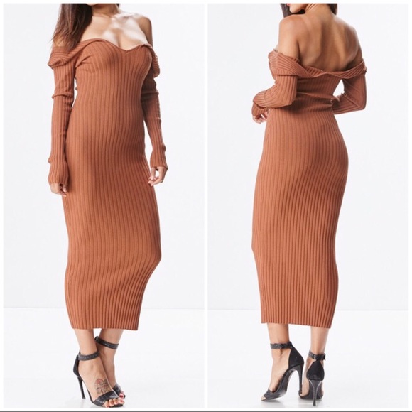 SOLD OUT Rust Ribbed Knit Long Sleeve On Off Shoulder Dress - Picture 3 of 3